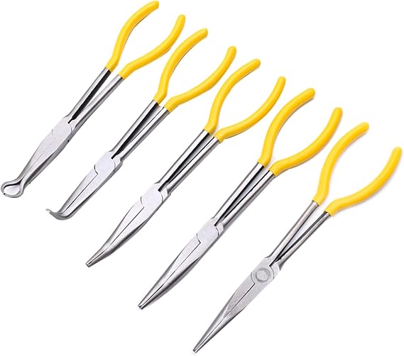 5Pcs 11 Inch Extra Long Nose Pliers Set Straight Bent Tip Equipment Hand Tools Clamp Cutter Car Repair Tools