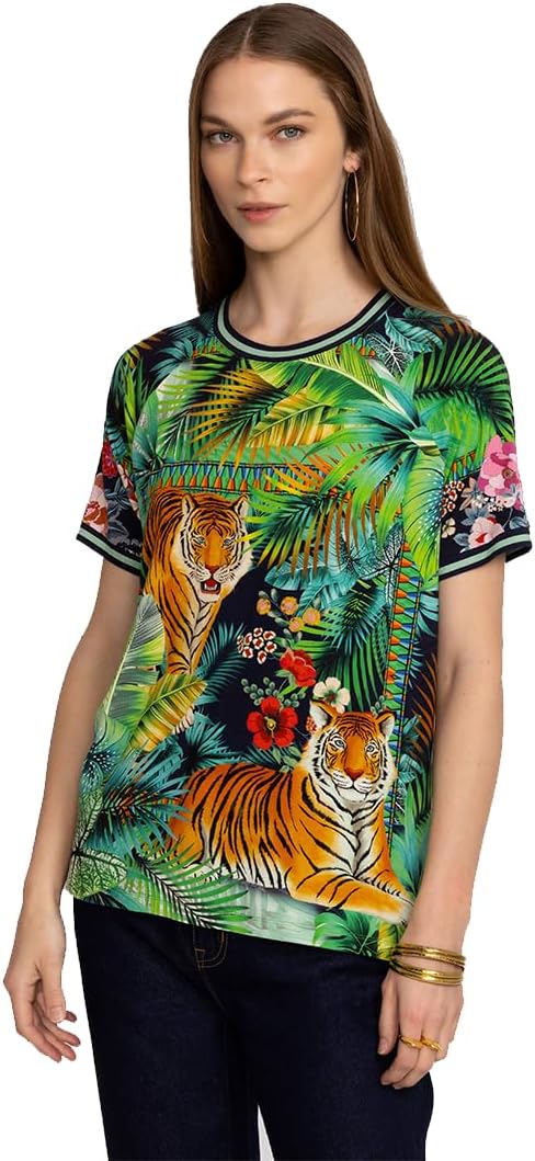 Johnny Was Janie Favorite Raglan Tee Tigres Short Sleeve Green Blue Top Shirt New