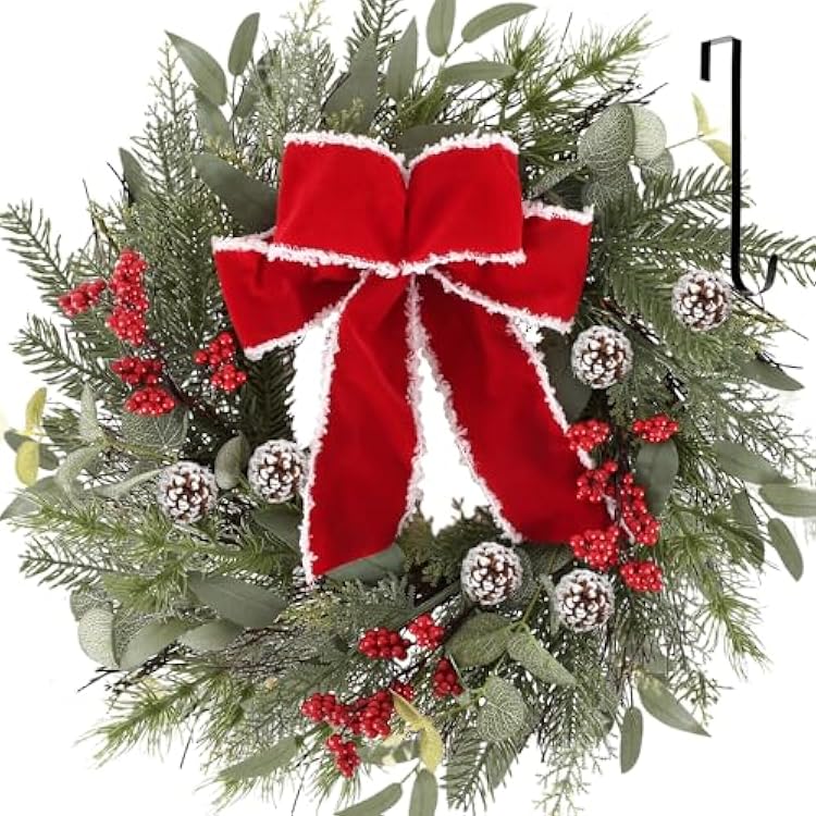 24 Inch Christmas Wreath Decorations, Christmas Wreaths for Front Door with Red Bowknot and Hook, Christmas Door Wreath with Berries for Indoor Outdoor Fireplace Wall Window Christmas Decor