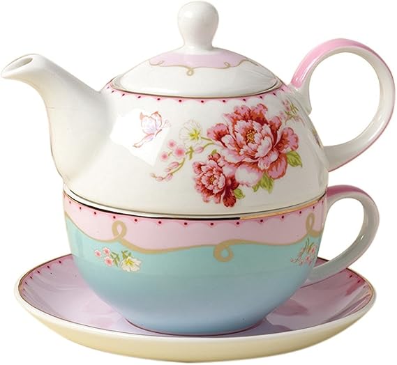 Jusalpha Fine Bone China Teapot for One, Rose Teapot and Saucer Set- Tea Cup with Saucer Set, Pink Roses (Tea for One 02)