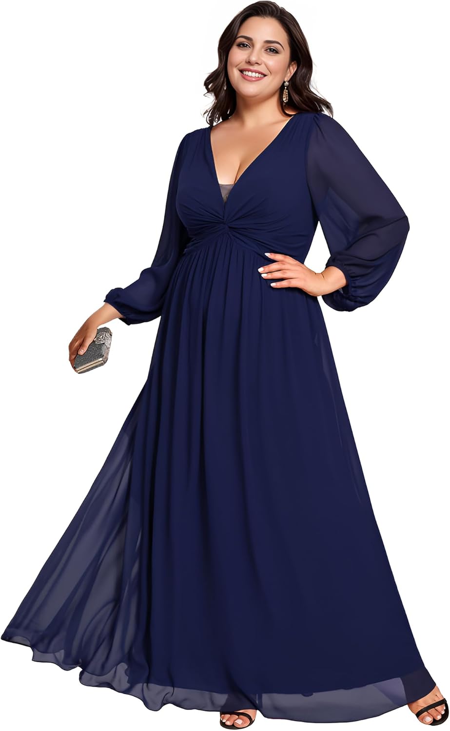 Ever-Pretty Plus Womens V Neck Long Sleeves A Line Pleated Chiffon Plus Size Maxi Formal Evening Dresses 02235-DA