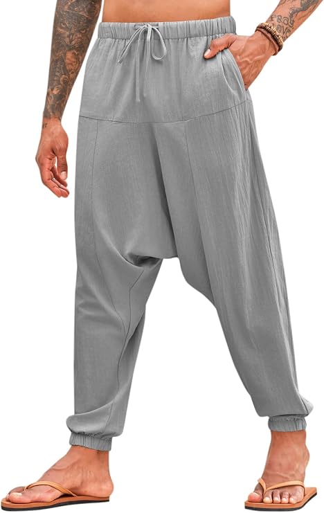 PASLTER Mens Harem Pants Baggy Casual Cotton Linen Boho Yoga Drop Crotch Hippie Trousers