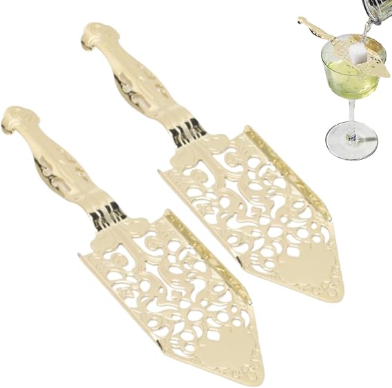 Wormwood Spoon, 2 Pcs Absinthe Spoon Slotted Stainless Steel Absinthe Spoons Vintage Absinthe Dripper Set for Wormwood Cocktail(Gold)