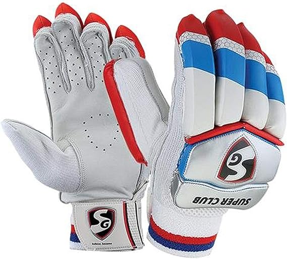 SG Super Club Batting Gloves | White | Men's Size| Leather, Cotton, PVC, TPU | Men | Comfortable Fit | Durable Material | Breathable | Adjustable | High Protection