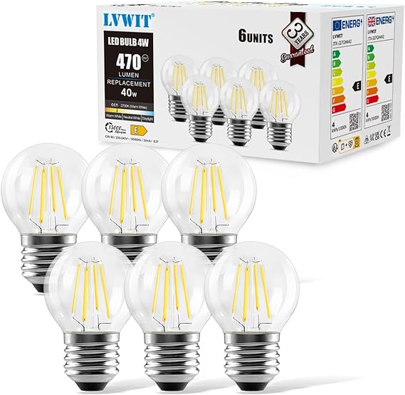 LVWIT 4W G45 E27 LED Filament Golfball Bulb, 6 Pack, 470Lm 40W Replacement, Non-dimmable, Warm White 2700K 80Ra, LED Vintage Glass Mini Globe Bulb [Energy Class E]