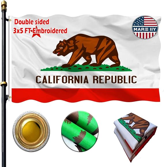 VOLTA Embroidered Double Sided California State Flag 3x5 Feet, Outdoor Heavy Duty 3-Ply Durable Polyester California State Flag with Canvas Header/Brass Grommets for Indoor Outdoor Decorations