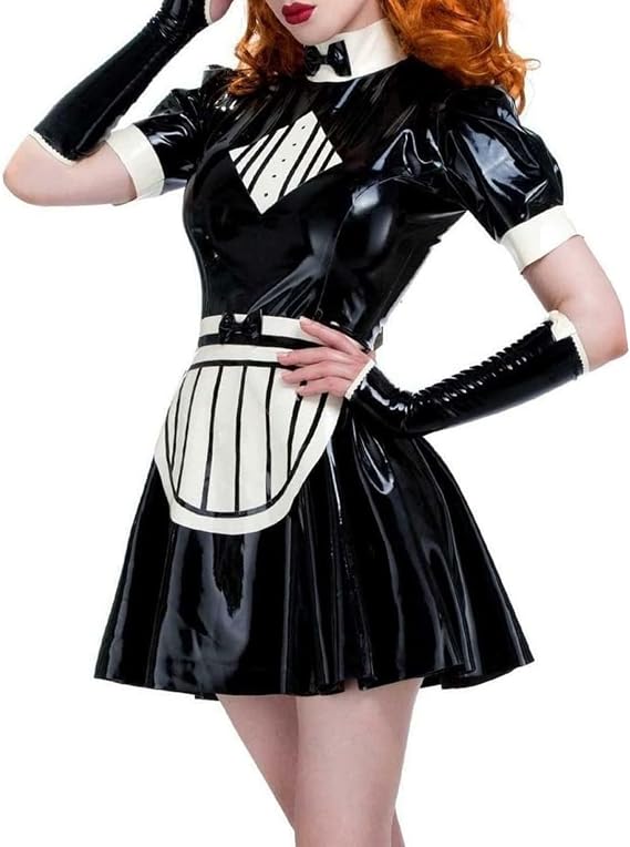 QJZM Sexy French Maid Latex Dress with Stripes on Apron Zip Front Back Rubber Uniform Bodycon Playsuit LYQ-0231