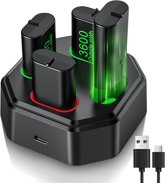 4x3600mWh Rechargeable Battery Pack with Charger for Xbox Controller | Compatible with Xbox Series X/S, Xbox One S/X/Elite, come witch Fast Charging Station, Type-C Cable