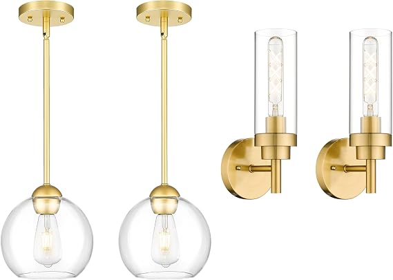 Emak Gold Light Fxitures, Set of 2 Matching Bundle, Wall Sconces & Pendant Light, WS085-BGD-2PK, PL121-GD-2PK