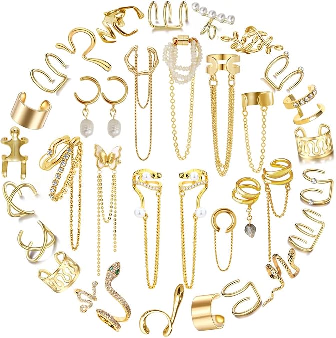 35 PCS Gold Silver Adjustable Ear Cuffs Earrings for Women Non-Piercing Cartilage Clip on Earrings Wrap Ear Jewelry Set,Punk Snake Butterfly Claw Stud Earrings for Women Gift