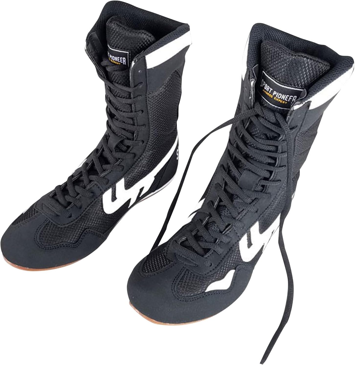 Generic Boxing Shoes High Top Training Wrestling Shoes Long Boots Competition Trainers Men Black White Sole