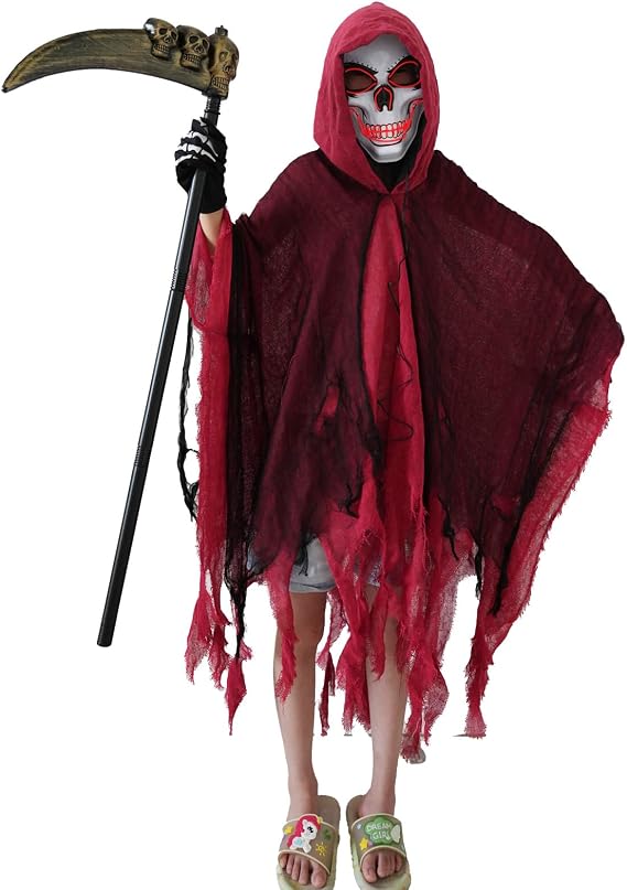 BouQuw Grim Reaper Costume Kids,Scary Halloween Costumes for Boys Girls, LED Mask,Hooded Cloak,Scythe,Gloves Included