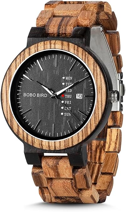 BOBO BIRD Week and Date Multi-Functional Display Men's Zebra Wooden Quartz Watch Lightweight Handmade Casual Wristwatches with Gift Box