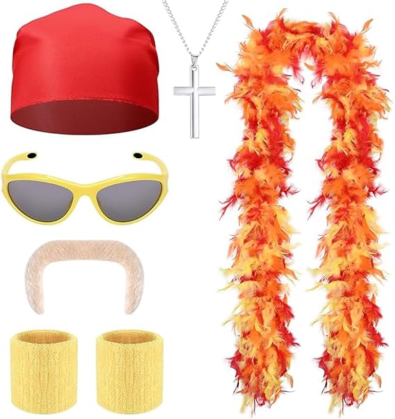 6 Pcs hulk hogan Wrestler costume Kit Include Feather Boa Kerchief Moustache Bracers Glasses and Necklace for Men Halloween Stag Party