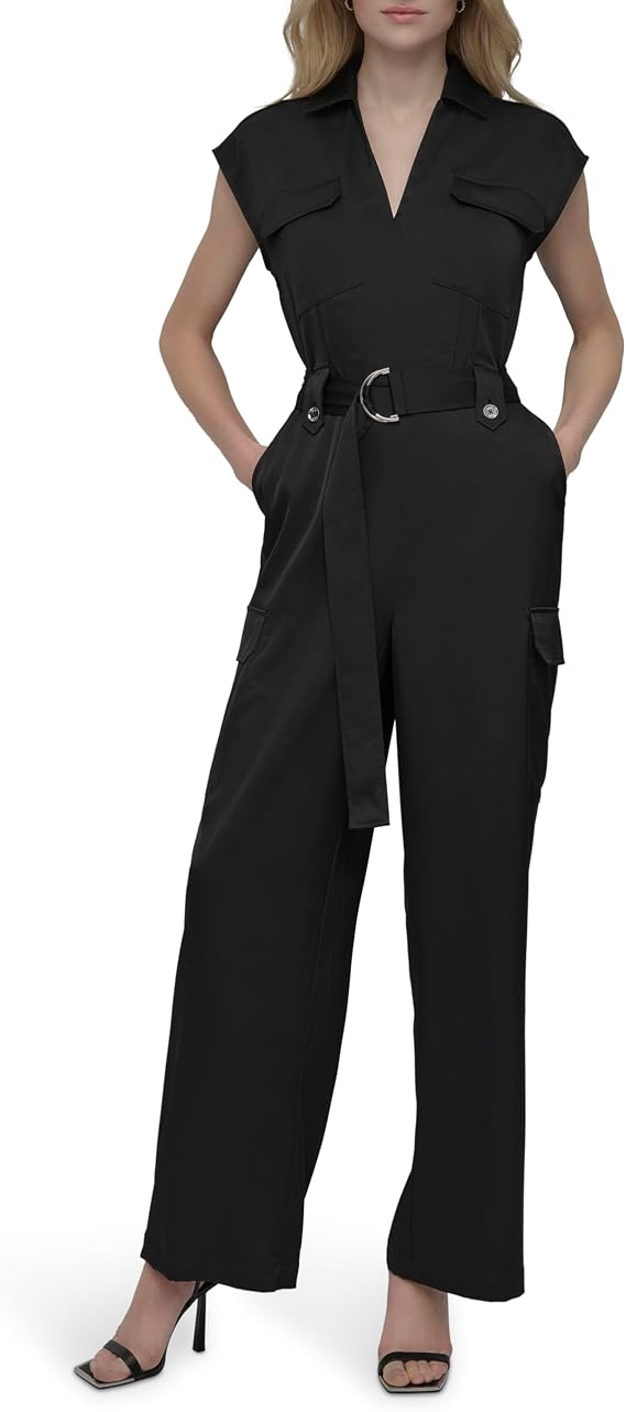DKNY Women's Cap Sleeve Collared Neck Straight Leg Belted Jumpsuit