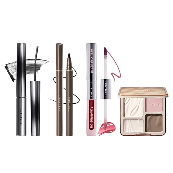 JUDYDOLL 3D Eyelash Mascara-Black+ Slim Liquid Eyeliner-Black+Peel Off&Plump Lip Gloss01+Highlighter & Contour Palette04| Full Face Makeup Solution