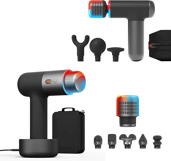 Sharper Image Powerboost Hot + Cold Massage Gun Bundle - Deep Tissue Percussion Massagers with Heat/Cool Therapy, Multiple Attachments & Speeds, Quiet Ergonomic Design, Muscle Relief Workout Recovery