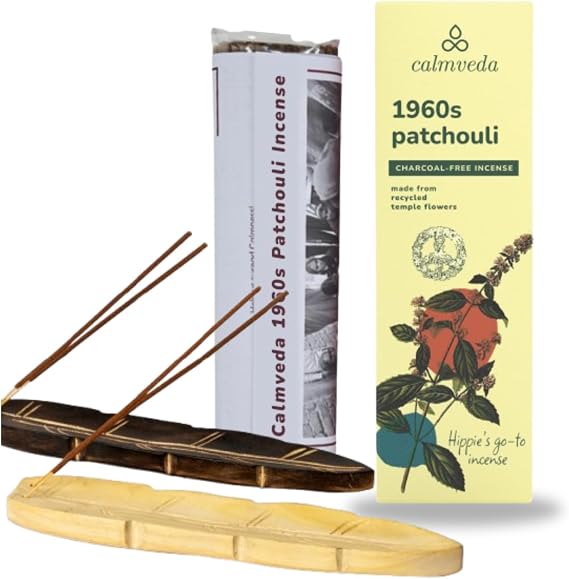 CALMVEDA, 1960S Patchouli with Wooden Incense Holder (80 Sticks + 2 Holder) | Beautiful Natural Incense and Holder Combo for Home Decor and Spiritual Practice