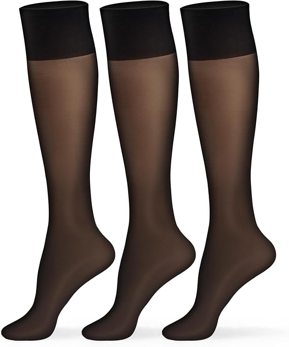 MANZI 12 Pairs Sheer Knee High Stockings for Women 15D Nylon Knee Highs | Ladies Sheer Trouser Socks with Reinforced Toe Lightweight Stretch Nylon Hosiery for Office, Business and Everyday Wear