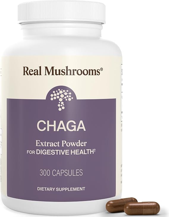 Real Mushrooms Chaga Mushroom Capsules Organic Chaga Extract Powder with Extract Powder for Wellness & Energy Support Vegan, Non-GMO, 300 Capsules Organic Mushroom Supplement