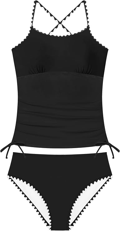 Girls Swimsuit 2 Piece Solid Color Tankini Contrast Trim Drawstring with Padded Girl Bathing Suit for Teens 9-16Y