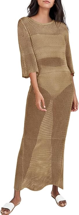 Women's Crochet Cover Ups for Bikini Swimsuit Half Sleeve Bathing Suit Rainbow Swimwear Long Beach Dresses
