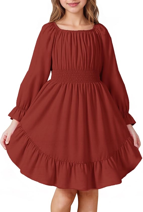 JiAmy Girls' Long Sleeve Smocked Tiered Off-Shoulder Dress 5-13Y