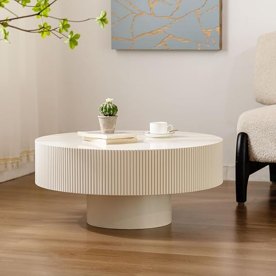 Fluted Drum Coffee Table, Unique Circle Wood Coffee Tables, Round Accent Center Table with Sturdy Pedestal, Mid Century Tea Tables for Living Room,Bedroom,Office,Small Space,White Thick