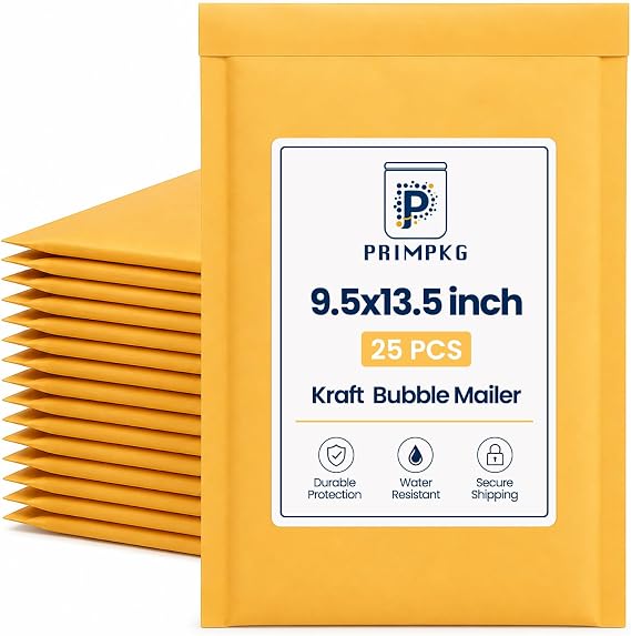 Bubble Mailer Envelopes, 25 Pack Kraft Padded Envelopes, Large Bubble Mailers 9.5x13.5 Inch, Self-Seal Shipping Envelope, Tear-Resistant Mailing Envelope Padded