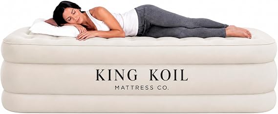 King Koil Luxury Queen Air Mattress with Built-in Pump for Home, Camping & Guests - Queen Size Inflatable Airbed Luxury Double High Adjustable Blow Up Mattress, Durable Portable Waterproof