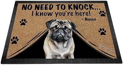 Personalized Door Mat with Watercolor Dog Pug Welcome Floor Mat No Need to Knock I Know Youre Here Gift for Dog Lover 23.6 X 15.7