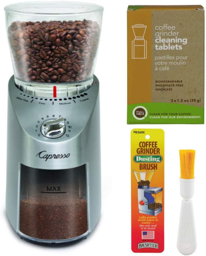 Capresso 575.05 Infinity Plus Conical Burr Grinder Bundle with Large Bean Container, Stainless Steel Includes Cleaning Tablets and Dusting Brush 3 Items