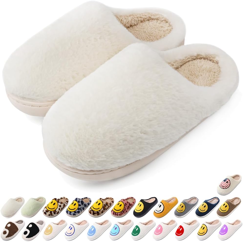 Womens Mens Retro Preppy Happy Face Slippers Comfy Warm Plush Slip-On House Slipper for Winter Indoor Soft Cushion Non-slip Fluffy Slides Slippers