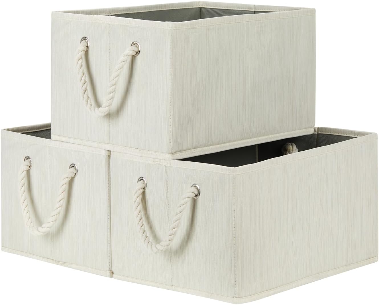 Dullemelo Storage Cube Bins with Rope Handle, Foldable Closet Storage Box Organizer, Fabric Basket, Pack of 3, Ivory White