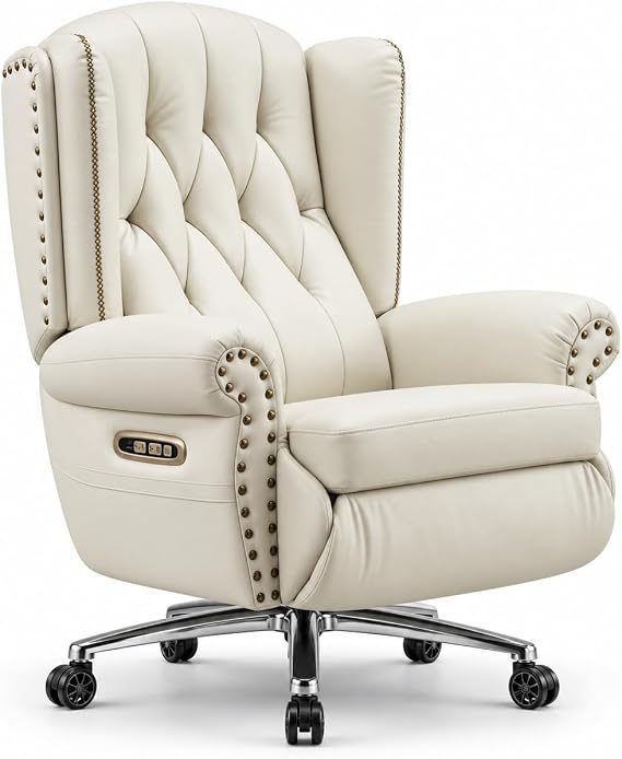 Kinnls Mason Massage Executive Chair with Heating, Ventilation, Genuine Leather Power Recliner Chair with Footrest High-Back Home Office Desk Chair-Double Motor (White)