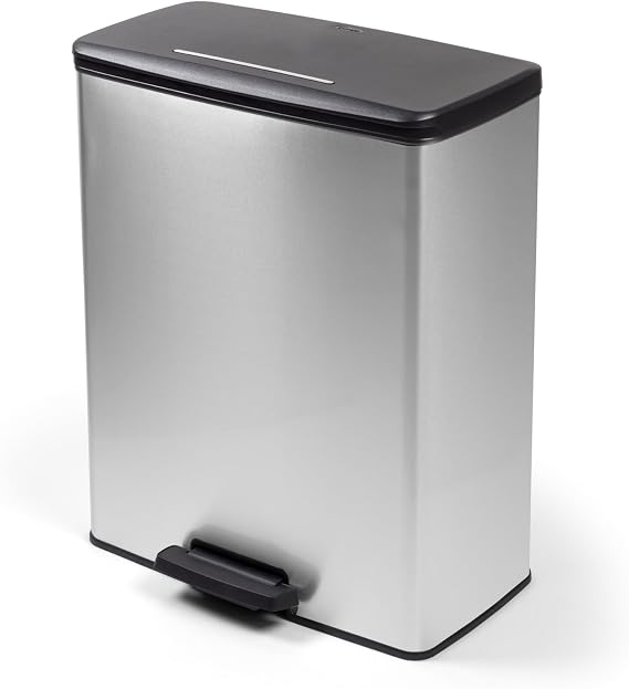 CURVER Duo Deco Kitchen Recycling Bin 52L, Dual Compartment Metal Effect Waste Bin (26L + 26L), Silver
