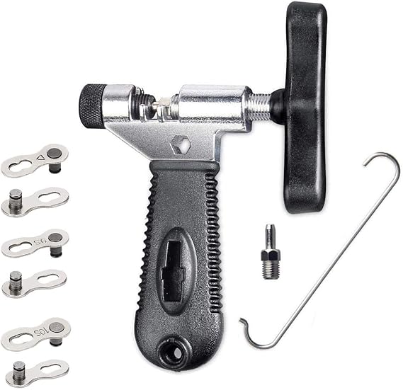 QKURT Bike Chain Splitter + 3 Pairs Bicycle Missing Link, Universal Bike Chain Cutter Breaker Tool With Chain Hook for 7 8 9 10 Speed Bicycle Chain Link Repair Removal/Install - Reusable Bicycle Tools