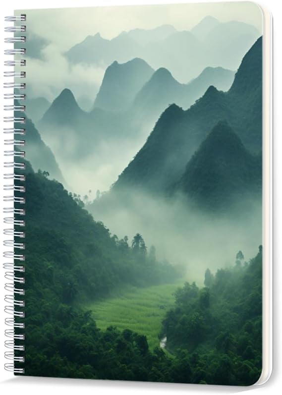 Spiral Notebook,Double-Wire Spiral College Lined Journal Notebook for Study and Notes,100 Pages,5.71x 8.26 in - Misty Mountain Landscape