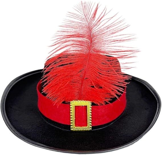 Three Musketeers Black Felt Hat with Red Sash and Feather