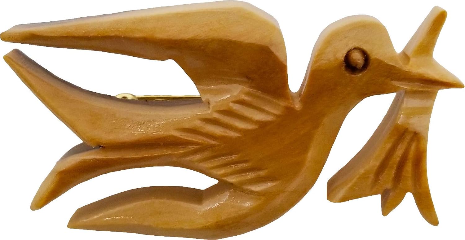 Logos Trading Post Holy Land Olive Wood Pendant Pin, Holy Spirit Dove with Olive Wood Branch, Hand Carved Olive Wood Pin from Jerusalem