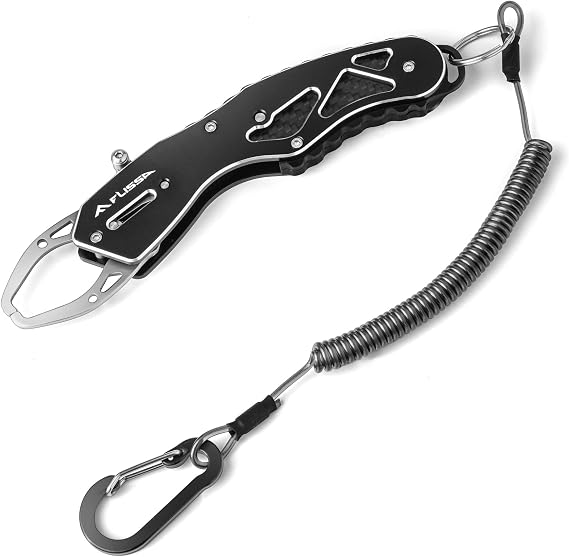 FLISSA Fish Gripper, Fish Lip Grip Tool with Carabiner and Spring Anti-Lost Rope, Durable Stainless Steel Fish Grabber Gripper, Lightweight Holder for Fishing, Corrosion Resistant & Portable