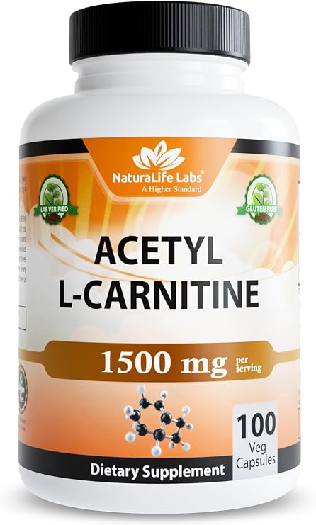 NaturaLife Labs Acetyl L-Carnitine (ALCAR) 1500 mg per Serving 100 Capsules Non-GMO, Gluten-Free, Vegan