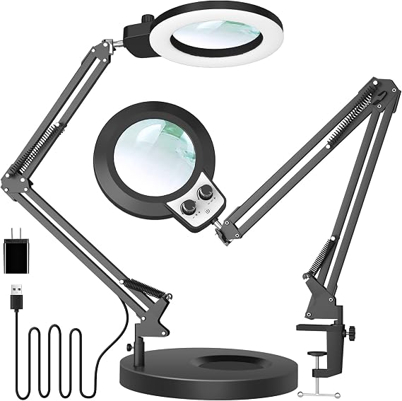 KIRKAS 12X Magnifying Glass with Light and Stand, Overhead Knob 2 in 1 | Lighted Magnifier Lamp for Workbench, Craft, Sewing, Repair, Real Glass Lens Stepless Dimming and Color (9.06IN Base & Clamp)