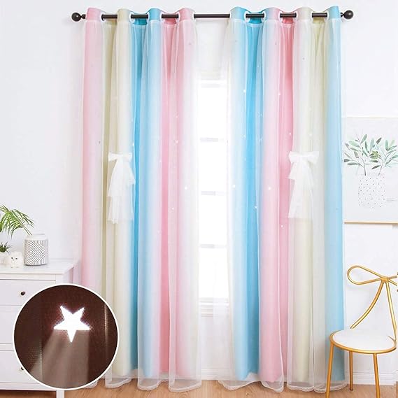 UNISTAR 2 Panels Star Blackout Curtains for Kids Girls Bedroom Aesthetic Living Room Colorful Double Layer Cut Out Stripe Pink and Blue Rainbow Window Home Decoration Curtain W42 x L63 Inches