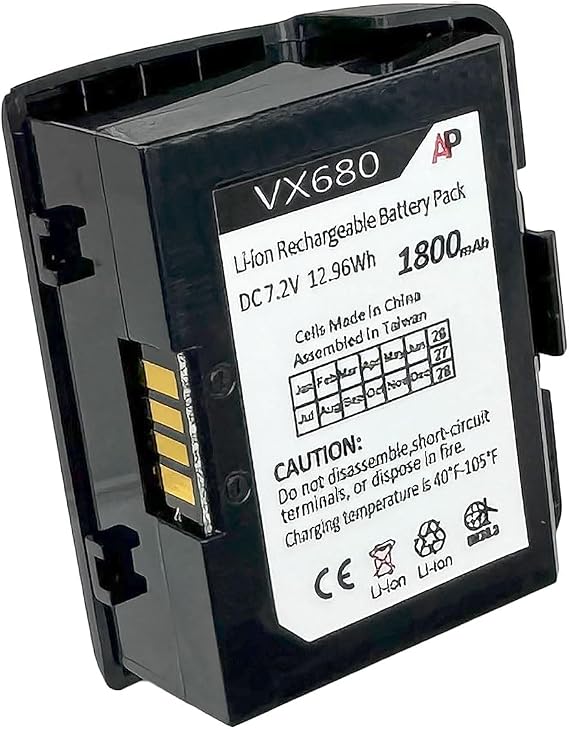 Replacement battery for VeriFone VX680 and VX670 portable, handheld wireless credit card terminals. Lithium-ion, 7.2 Volt, 1800 mAh, Japanese Cells. Replaces 24016-01-R and BPK268-001-01-A