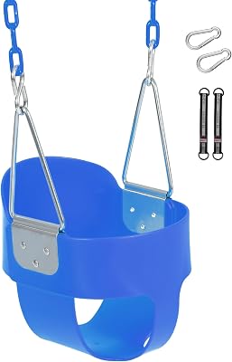 Toddler Swing Seat with Coated Chains, Heavy Duty Kids High Back Bucket Swing with Tree Straps and Hooks for Outdoor, Playground, Backyard, Swings Set Accessories by Domaker, Blue
