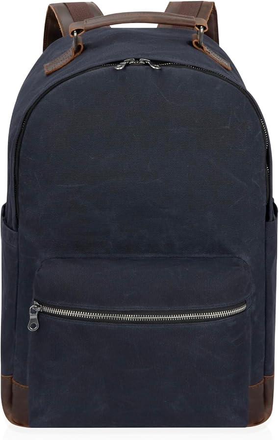 Double Oak Essentials Canvas Leather Backpack, Waxed Canvas with Full-Grain Cowhide Trim, Vintage Style Daypack, Army Green (Black)