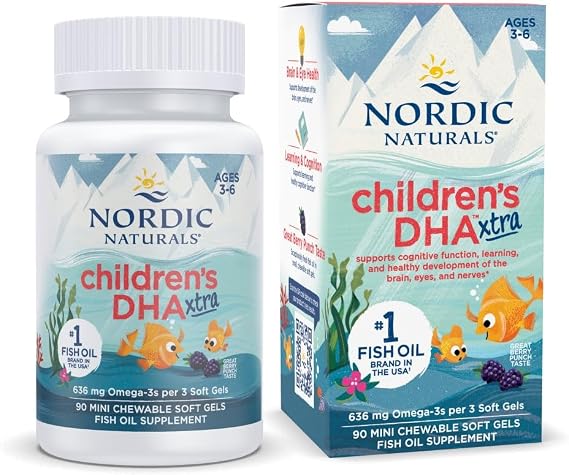 Nordic Naturals Childrens DHA Xtra, Berry Punch - 90 Mini Chewable Soft Gels for Kids - 636 mg Omega-3s EPA & DHA - Cognitive & Immune Function, Learning, Social Development - Non-GMO - 30 Servings
