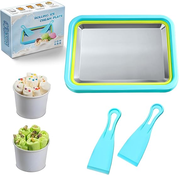 Rolled Ice Cream Maker, Stainless Steel Freezer Tray, Lake Blue | Pre-freeze tray with stainless steel cold plate and spatula for small-batch ice cream rolls, frozen yogurt and fruit treats