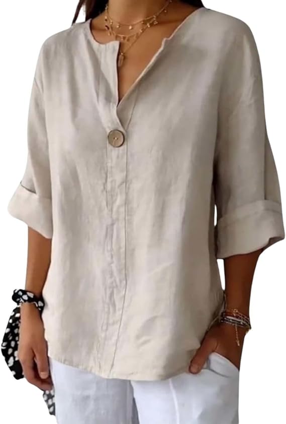 Casual Cotton Linen Shirts for Womens Boho Short Sleeve V Neck Tops